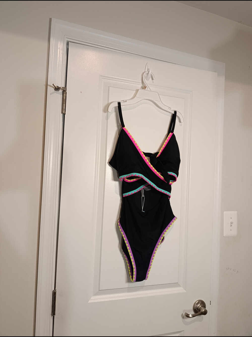 Others Follow Black One-Piece Swimsuit with Pink and Teal Trim